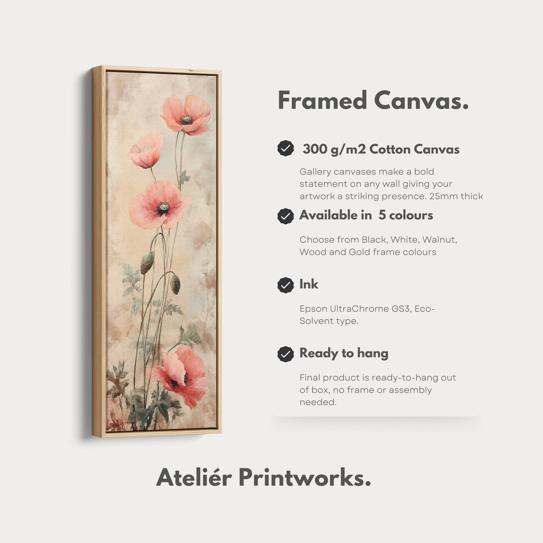 Vertical Long Wall Art Vintage Poppies Large Canvas Decor - V0077