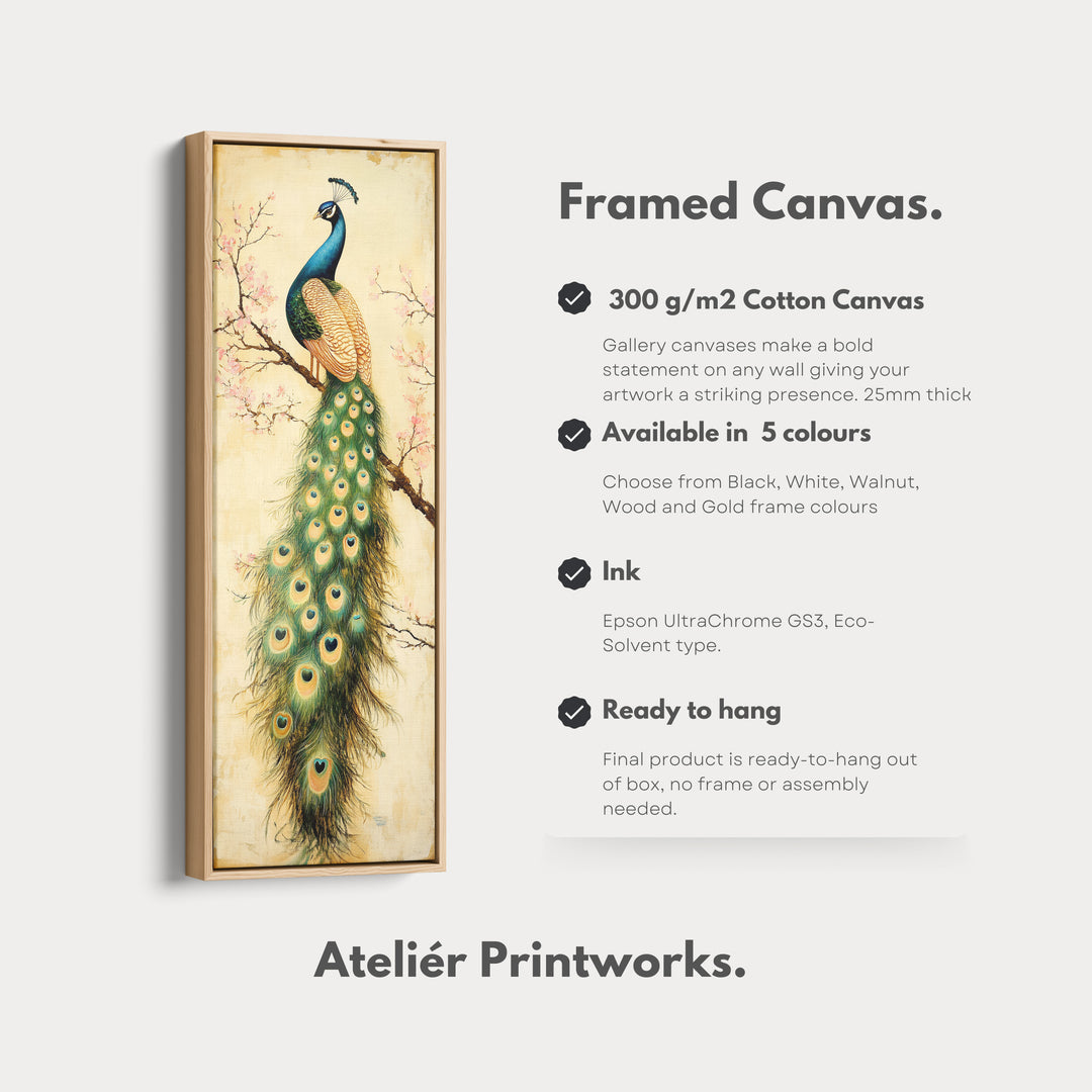 Large Canvas Peacock Framed Wall Art Long Vertical Wall Decor - V0083