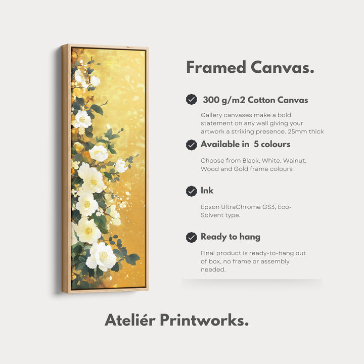Vertical White & Gold Floral Long Framed Canvas Decor - V0204