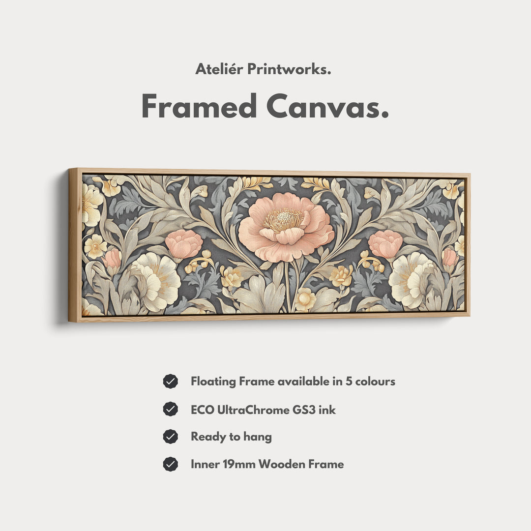 Vintage Floral Pattern Large Framed Canvas Long Narrow Horizontal Wall Art - H0083