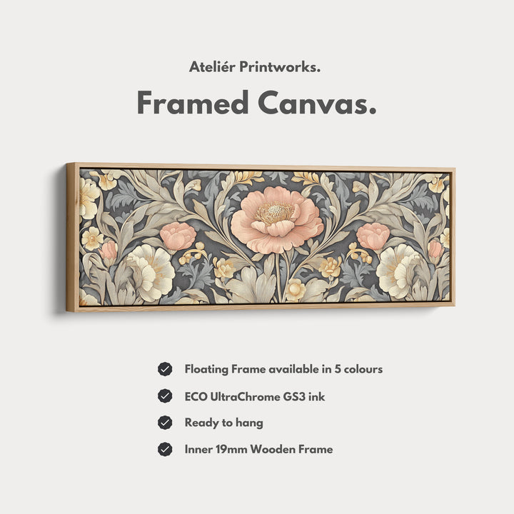 Vintage Floral Pattern Large Framed Canvas Long Narrow Horizontal Wall Art - H0083