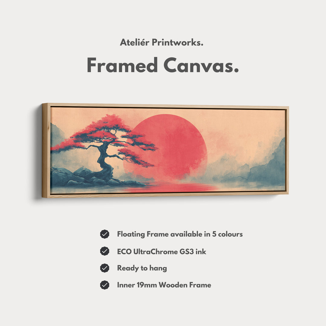 Bonsai Tree with Red Sun – Long Narrow Japanese Landscape Canvas - Japandi Wall Art