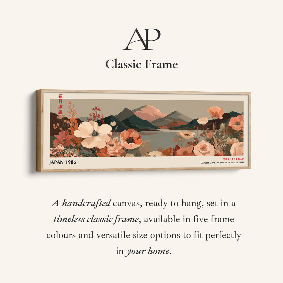 Wide Panoramic Wall Art – Muted Floral Mountain Lake, Japandi Boho Horizontal Landscape Print
