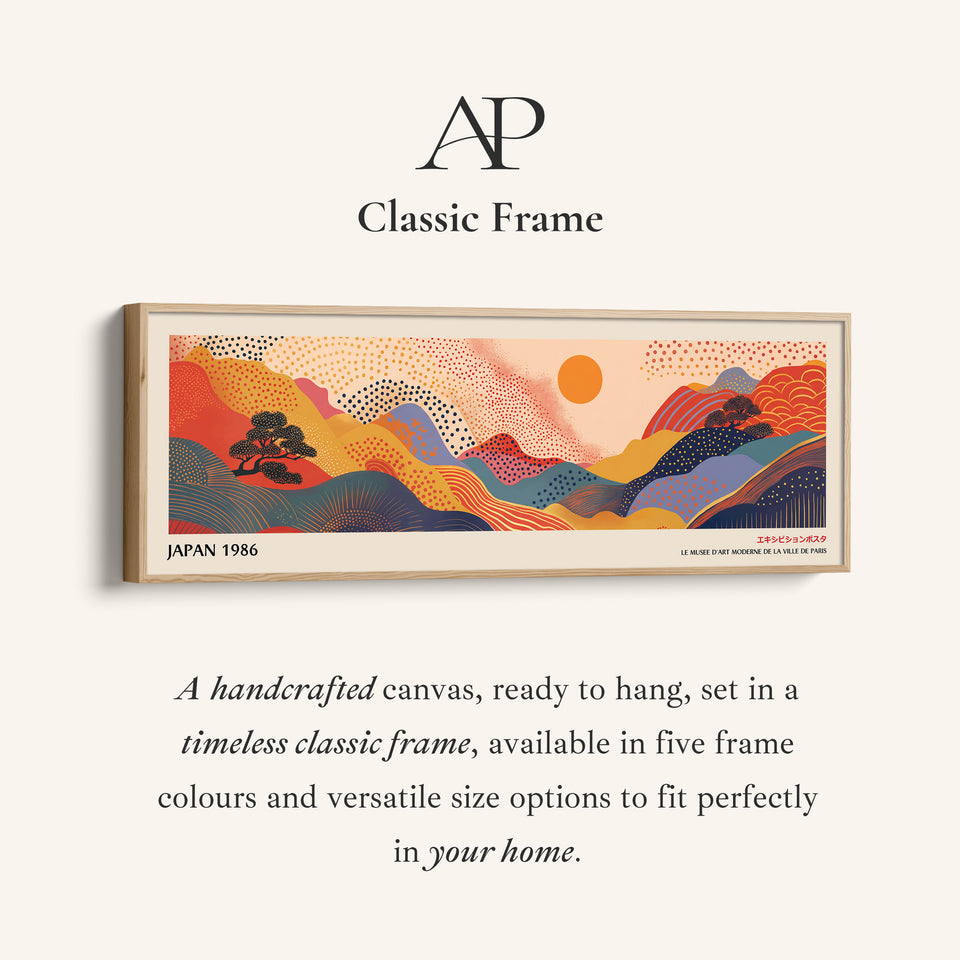 Extra Large Horizontal Wall Art – Abstract Sunrise Hills, Warm Japanese-Inspired Panoramic Print
