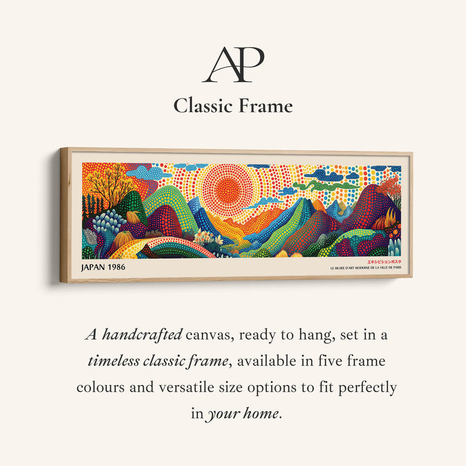 Oversized Horizontal Wall Art – Rainbow Dot Sunrise, Bold Japanese-Inspired Panoramic Landscape Print