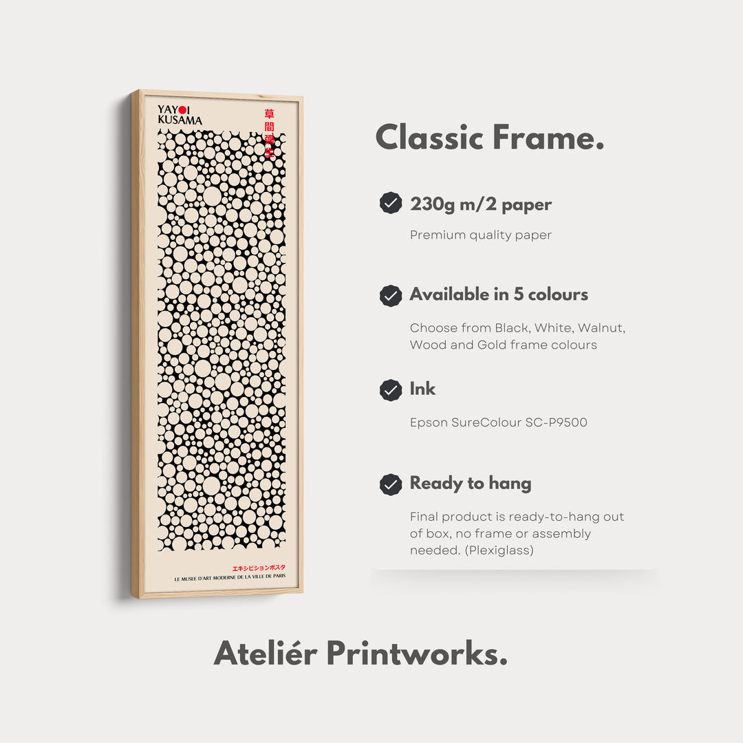 Yayoi Kusama Style Long Framed Canvas – Large Vertical Japanese Abstract Wall Art, Japandi Style, Japanese Poster Print
