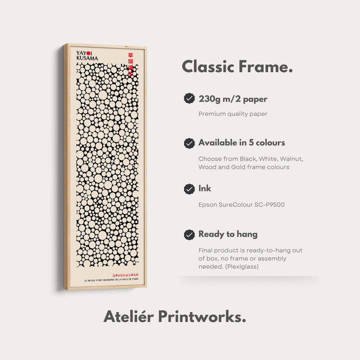 Yayoi Kusama Style Long Framed Canvas – Large Vertical Japanese Abstract Wall Art, Japandi Style, Japanese Poster Print