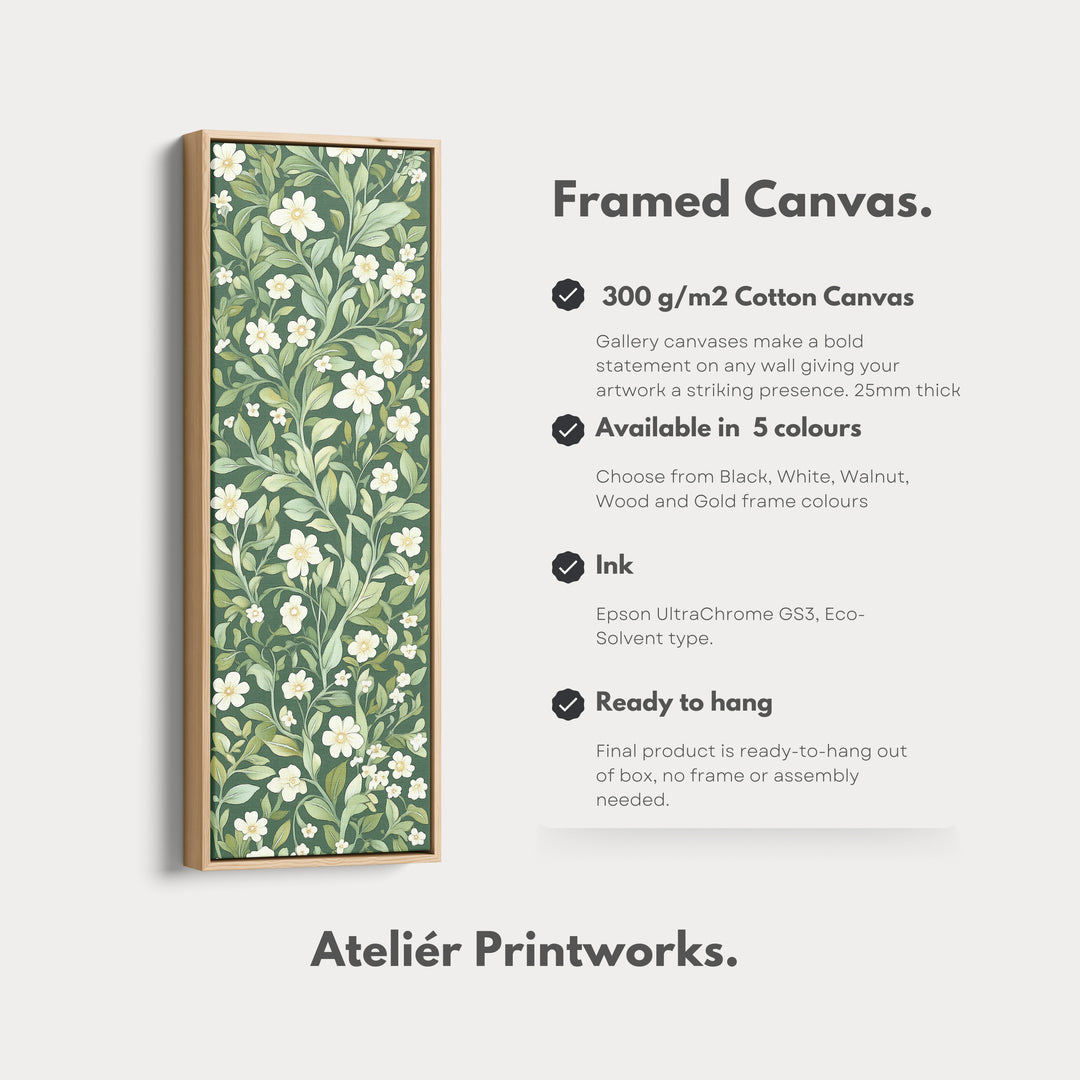 Framed Canvas Narrow Vertical White & Green Floral - V0239
