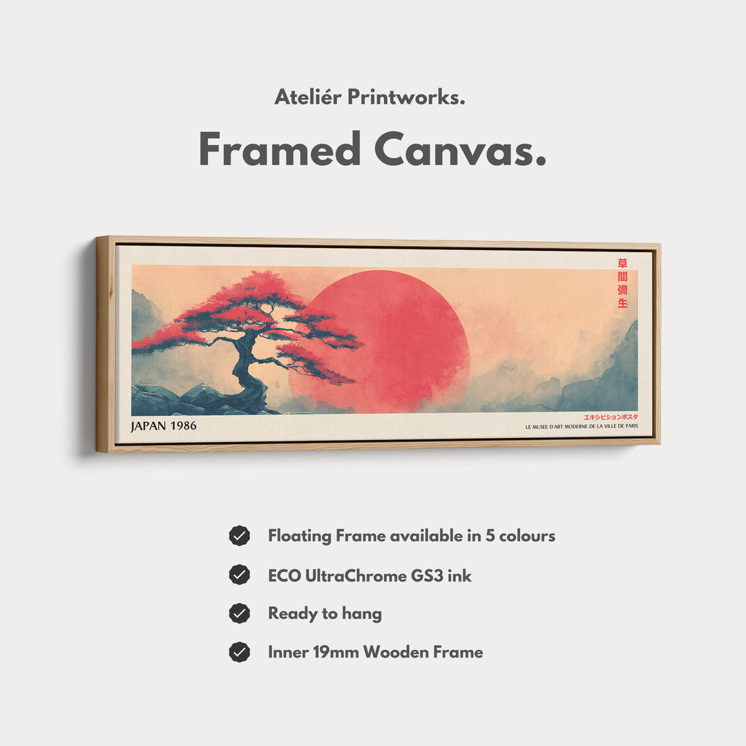 Red Sun and Bonsai – Long Narrow Japandi Wall Art Japanese Tree Landscape Canvas