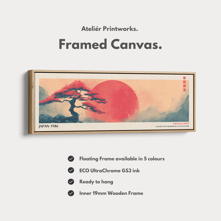 Red Sun and Bonsai – Long Narrow Japandi Wall Art Japanese Tree Landscape Canvas