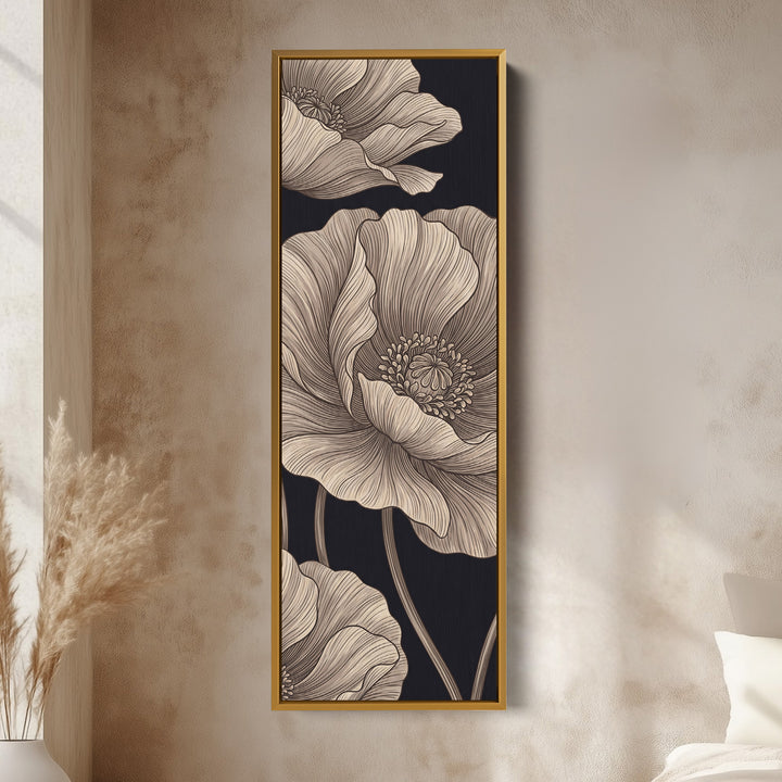 Vertical Wall Art Line Drawn Poppies on Black for Living Room vertical wall art shown in a gold frame