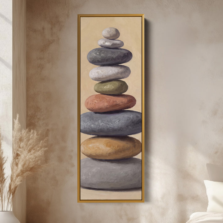 Stacked Stones Tall Wall Art for Bedroom Calm Neutral Canvas vertical wall art shown in a gold frame