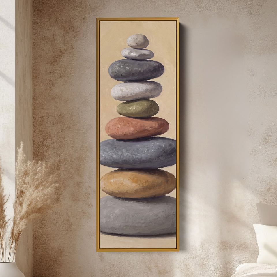 Stacked Stones Tall Wall Art for Bedroom Calm Neutral Canvas vertical wall art shown in a gold frame