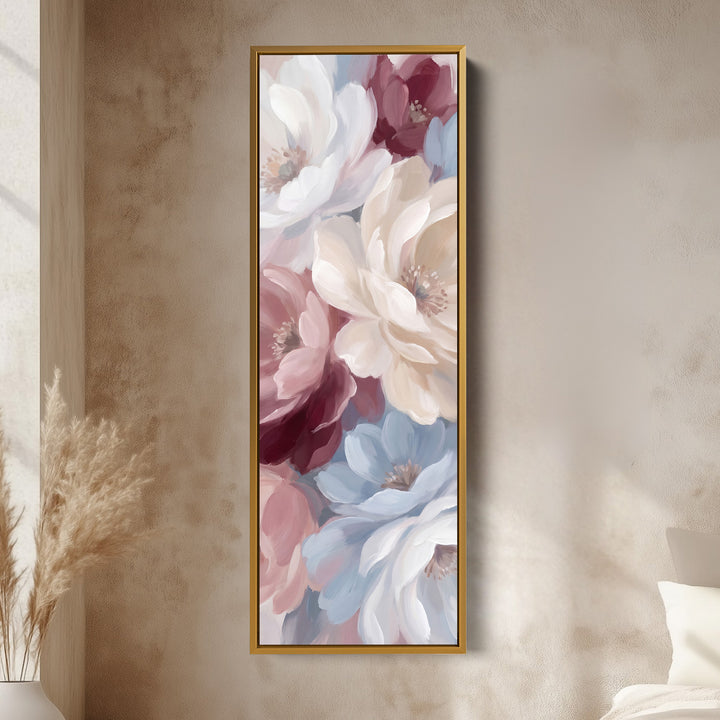 Soft Romantic Peonies Tall Narrow Wall Art for Bedroom vertical wall art shown in a gold frame