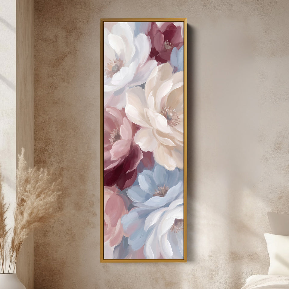 Soft Romantic Peonies Tall Narrow Wall Art for Bedroom vertical wall art shown in a gold frame