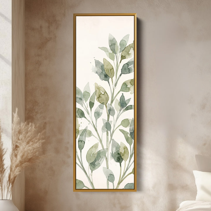 Hallway Wall Art Long Narrow Watercolor Leaf Stems vertical wall art shown in a gold frame