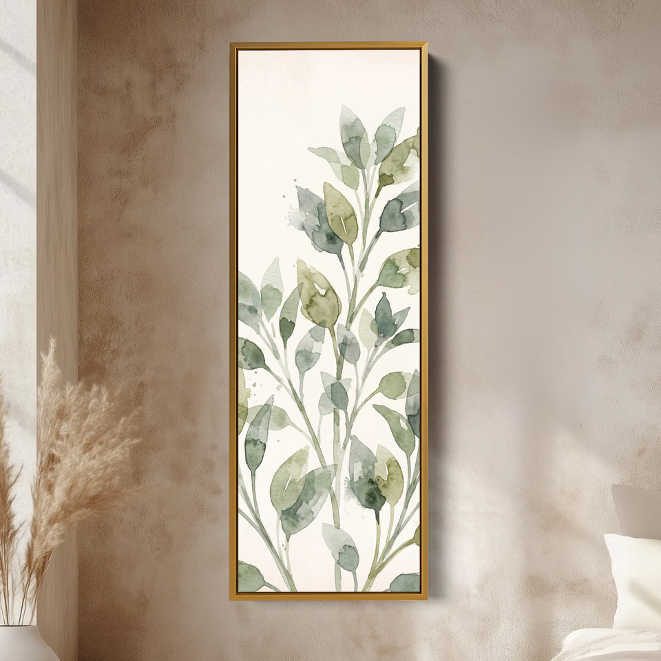 Hallway Wall Art Long Narrow Watercolor Leaf Stems vertical wall art shown in a gold frame