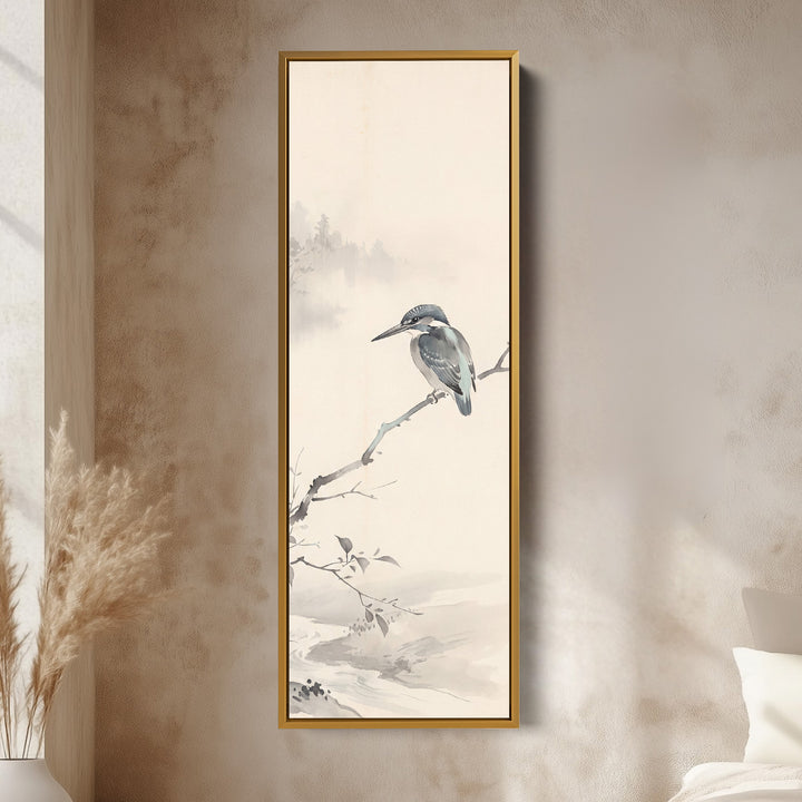 Tall Wall Art Kingfisher on a Branch Japanese Ink Style for Office vertical wall art shown in a gold frame