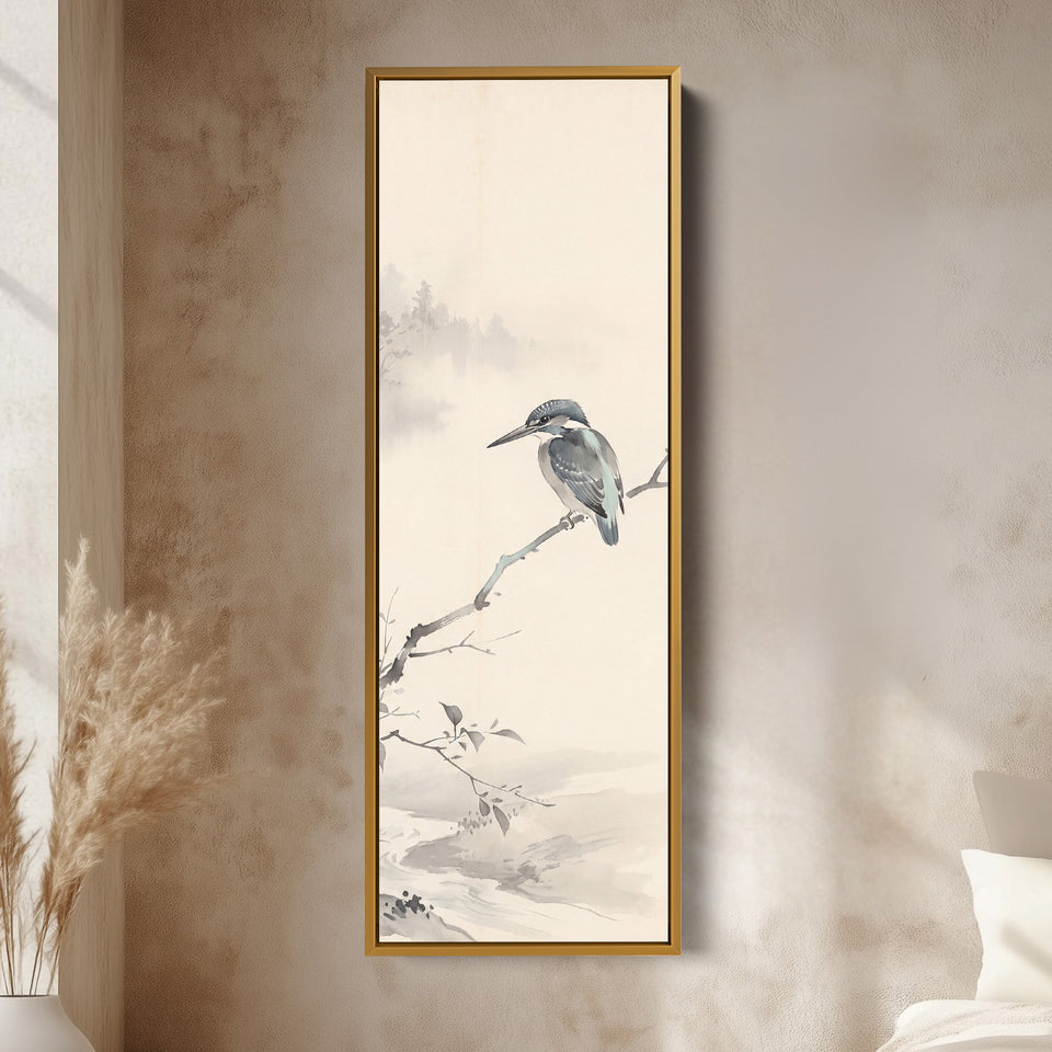 Tall Wall Art Kingfisher on a Branch Japanese Ink Style for Office vertical wall art shown in a gold frame