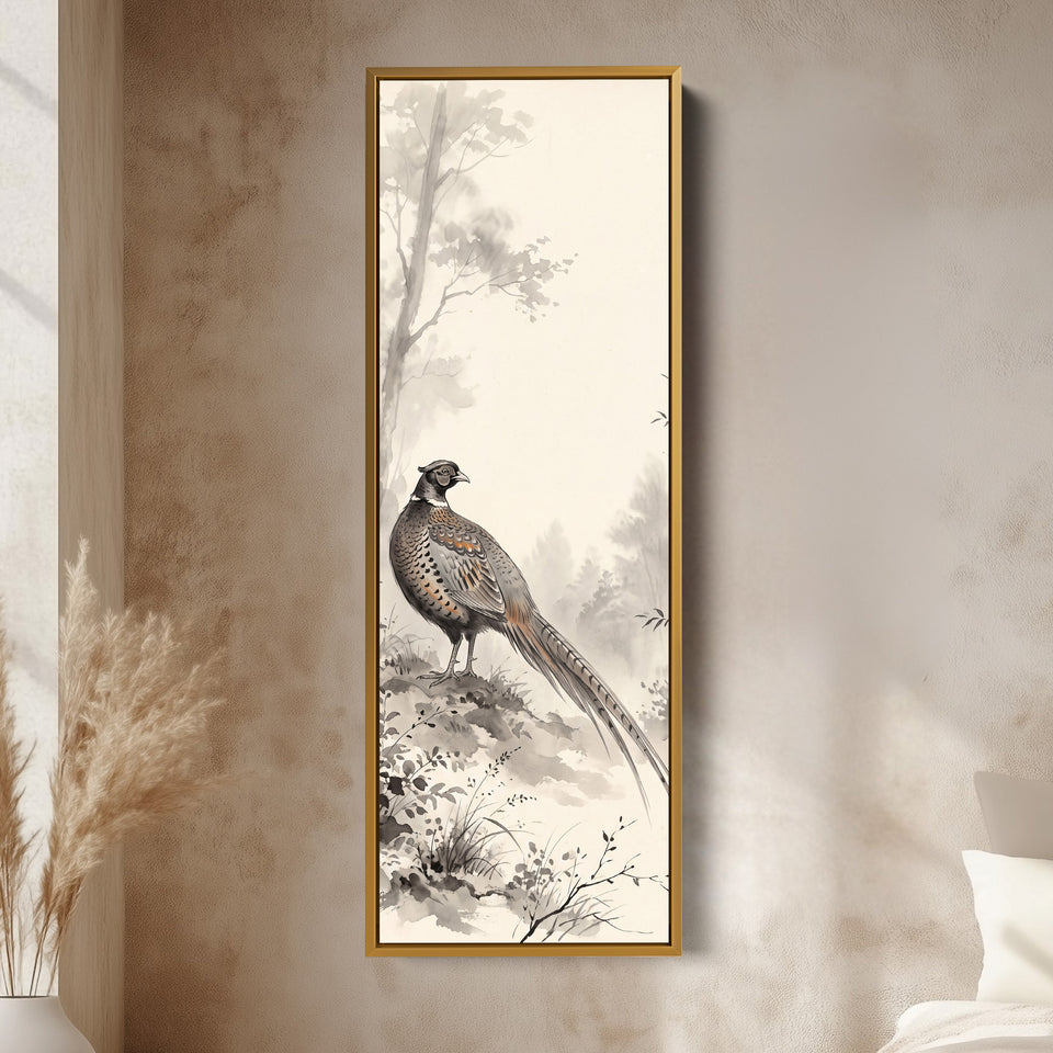 Pheasant in the Mist Vertical Wall Art Japanese Ink Style for Hallway vertical wall art shown in a gold frame
