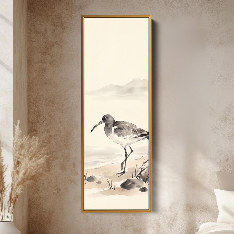 Quiet Coastal Curlew on the Shore Tall Narrow Wall Art for Bedroom vertical wall art shown in a gold frame