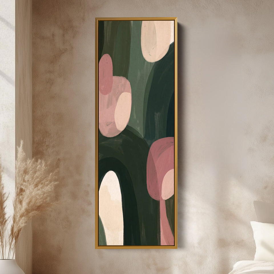 Living Room Wall Art Vertical Pink and Green Abstract Shapes vertical wall art shown in a gold frame