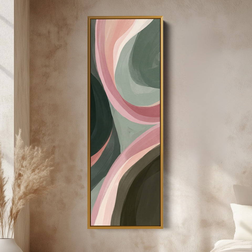 Tall Narrow Wall Art Flowing Pink and Sage Abstract Curves for Bedroom vertical wall art shown in a gold frame