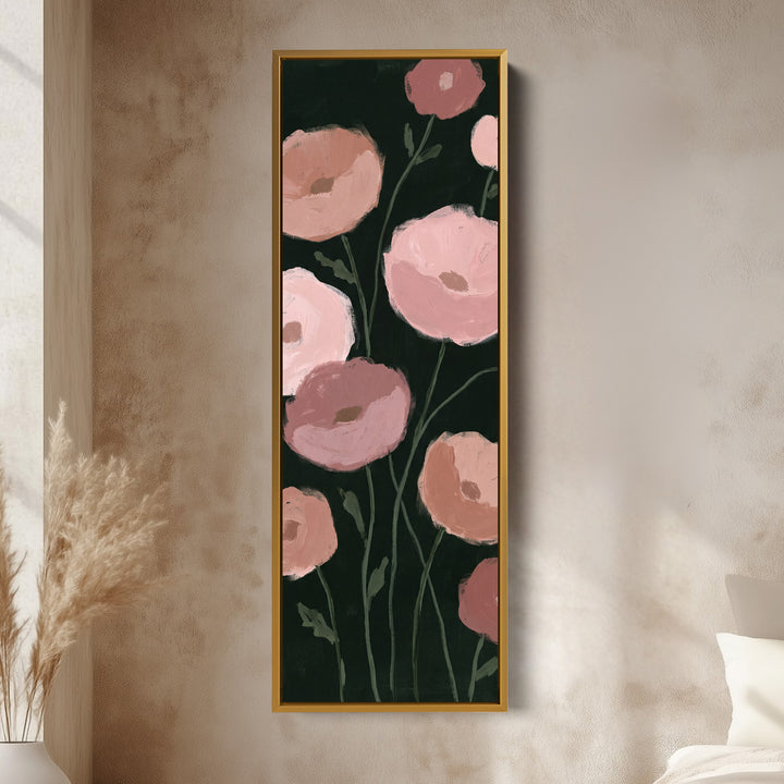 Moody Pink Poppies on Black Tall Wall Art for Dining Room vertical wall art shown in a gold frame