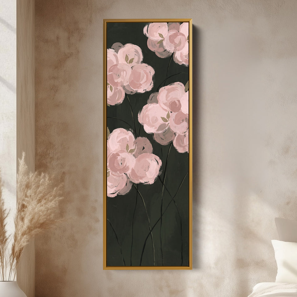 Bedroom Wall Art Tall Narrow Pink Roses on a Dark Background vertical wall art shown in a gold frame