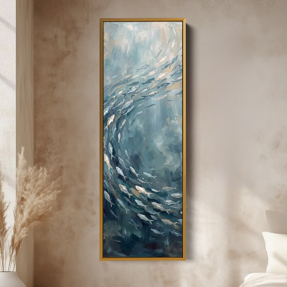 Vertical Wall Art Swirling Shoal of Fish Underwater for Hallway vertical wall art shown in a gold frame
