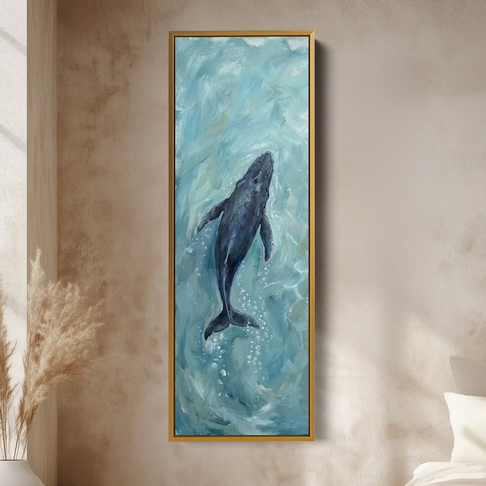 Deep Blue Ocean Diving Whale Long Narrow Wall Art for Bedroom vertical wall art shown in a gold frame
