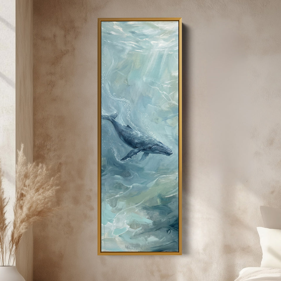 Office Wall Art Vertical Whale Swimming in Blue Green Water vertical wall art shown in a gold frame