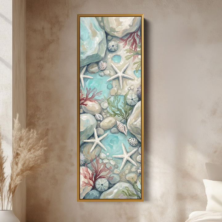 Tall Narrow Wall Art Rock Pool with Starfish and Shells for Hallway vertical wall art shown in a gold frame