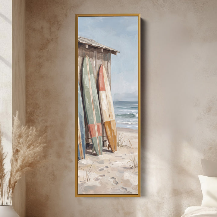Surfboards by the Beach Shack Vertical Wall Art for Hallway vertical wall art shown in a gold frame