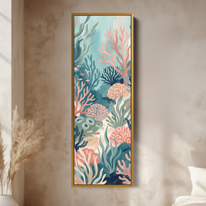 Colourful Underwater Coral Reef Tall Wall Art for Kids Room vertical wall art shown in a gold frame