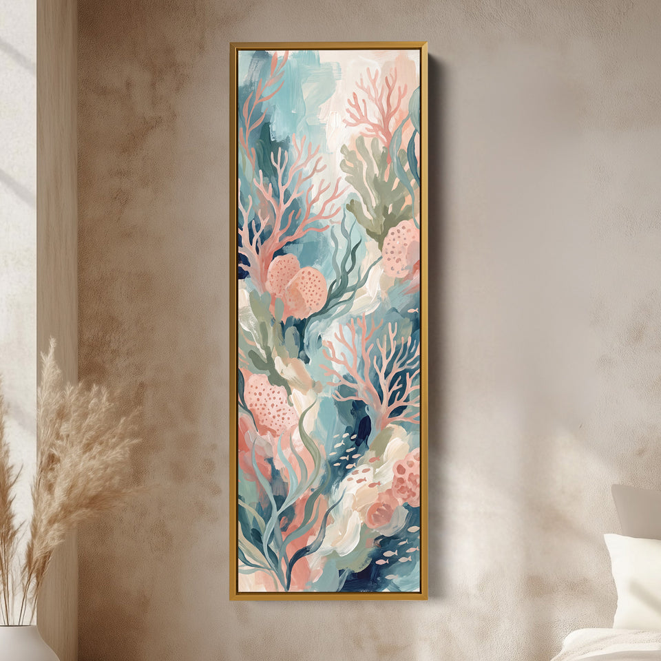 Bedroom Wall Art Tall Narrow Pastel Coral Reef Canvas vertical wall art shown in a gold frame