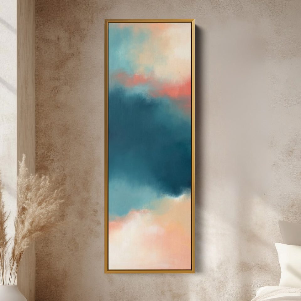 Teal Sky Colour Field Tall Wall Art for Living Room vertical wall art shown in a gold frame