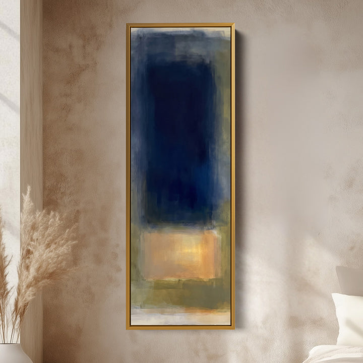 Moody Navy and Gold Colour Field Tall Narrow Wall Art for Office vertical wall art shown in a gold frame