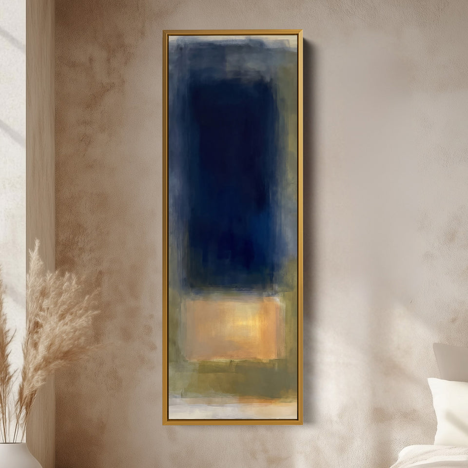 Moody Navy and Gold Colour Field Tall Narrow Wall Art for Office vertical wall art shown in a gold frame