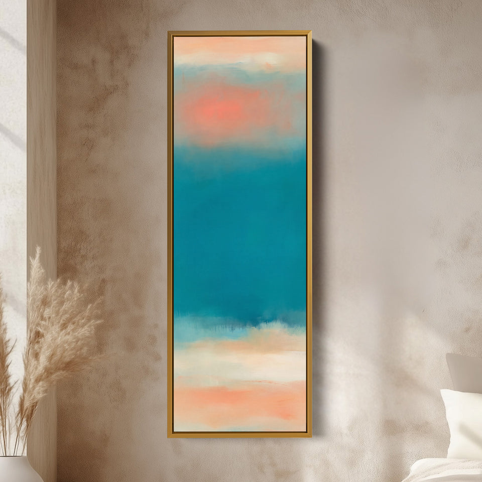 Hallway Wall Art Vertical Teal Sea Abstract with Peach Horizon vertical wall art shown in a gold frame
