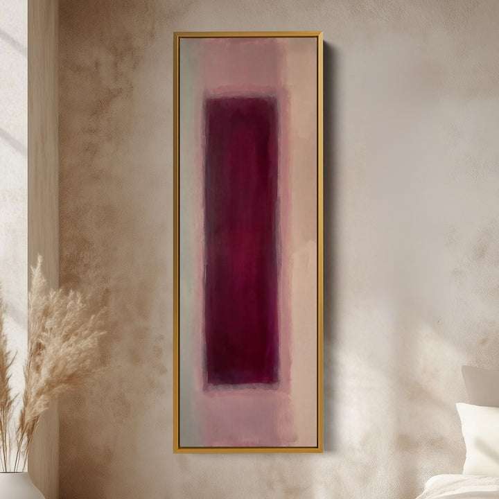 Tall Wall Art Burgundy Colour Field Abstract for Dining Room vertical wall art shown in a gold frame