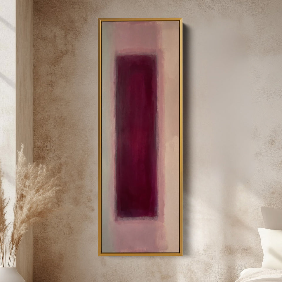 Tall Wall Art Burgundy Colour Field Abstract for Dining Room vertical wall art shown in a gold frame
