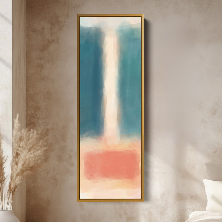 Teal and Peach Abstract Tall Narrow Wall Art for Bedroom vertical wall art shown in a gold frame