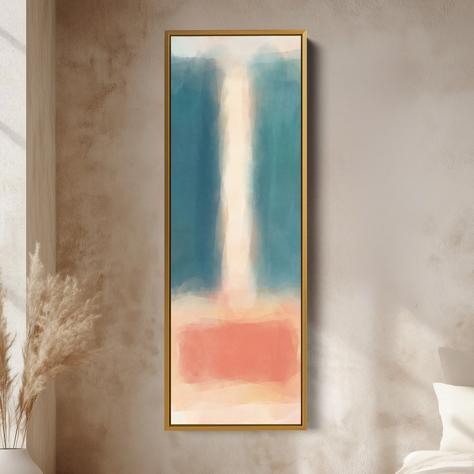 Teal and Peach Abstract Tall Narrow Wall Art for Bedroom vertical wall art shown in a gold frame