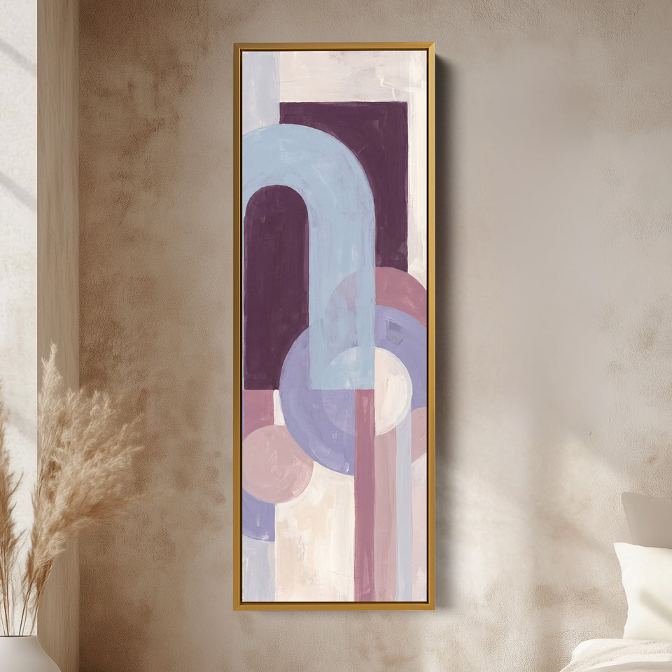 Bedroom Wall Art Tall Bauhaus Arches in Lilac and Plum vertical wall art shown in a gold frame