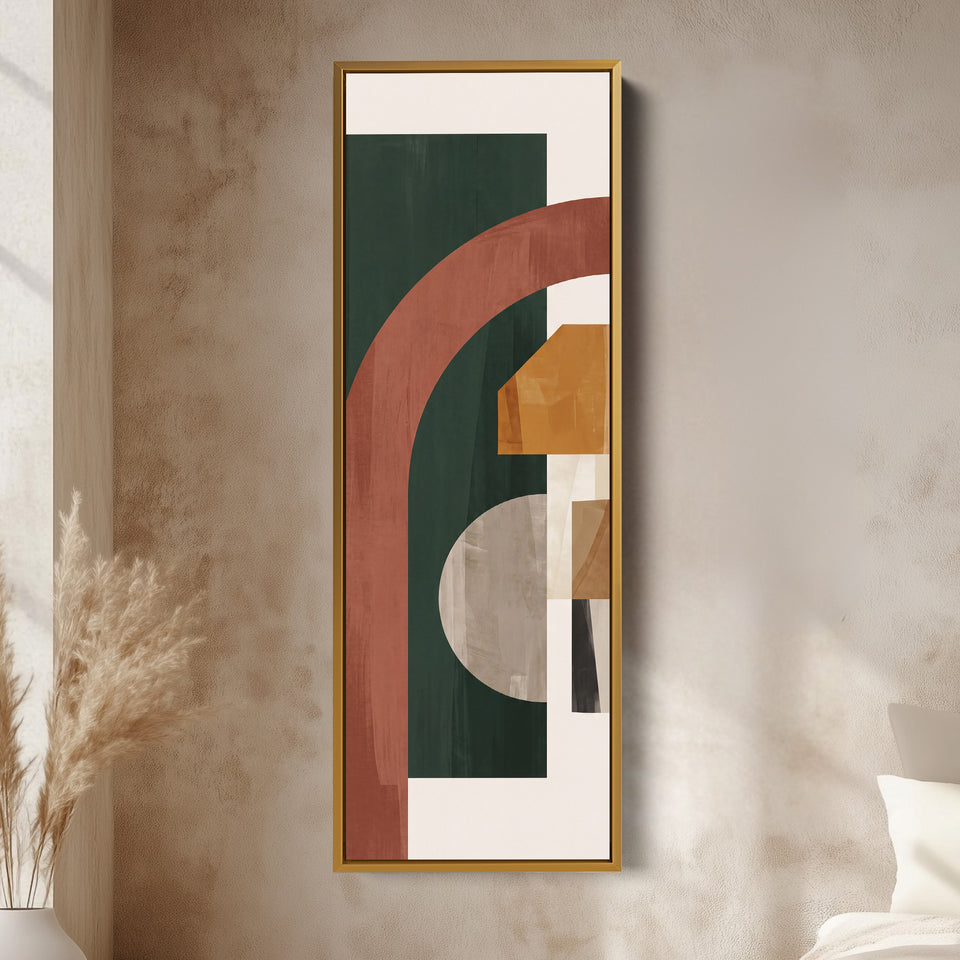 Long Narrow Wall Art Rust Arch on Forest Green Bauhaus for Office vertical wall art shown in a gold frame