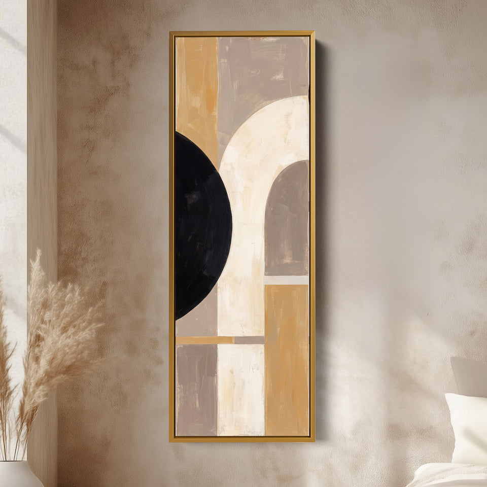 Neutral Bauhaus Arches Tall Narrow Wall Art for Hallway vertical wall art shown in a gold frame