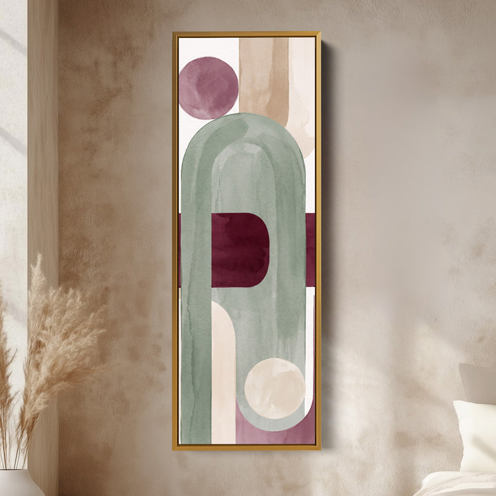 Soft Modern Sage Arch Vertical Wall Art with Burgundy Accent for Living Room vertical wall art shown in a gold frame