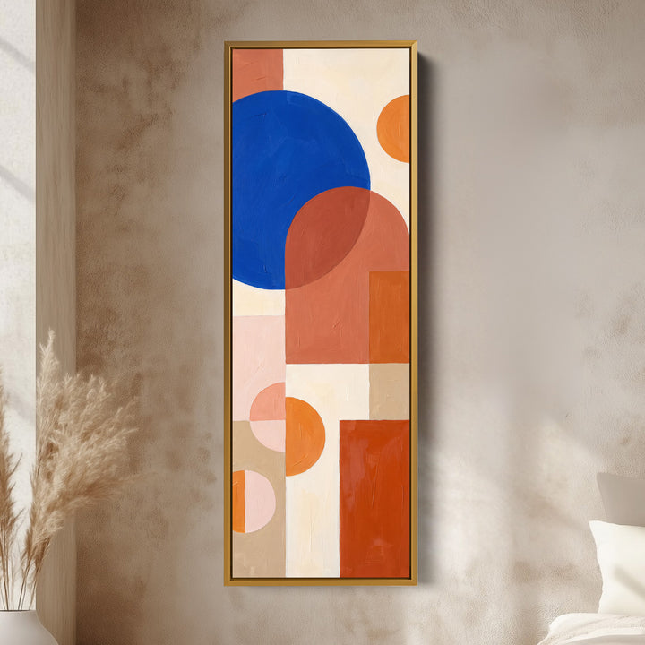 Kitchen Wall Art Tall Bauhaus Shapes in Cobalt and Orange vertical wall art shown in a gold frame