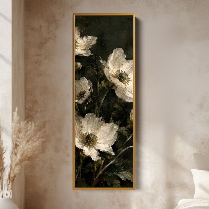 Tall Narrow Wall Art White Anemones Vintage Still Life for Dining Room vertical wall art shown in a gold frame
